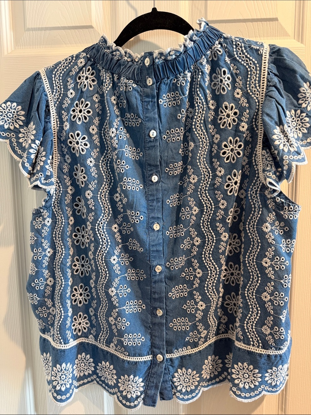 Blue Eyelet Embroidered Flutter-Sleeve Blouse, Large - Picture 5 of 6